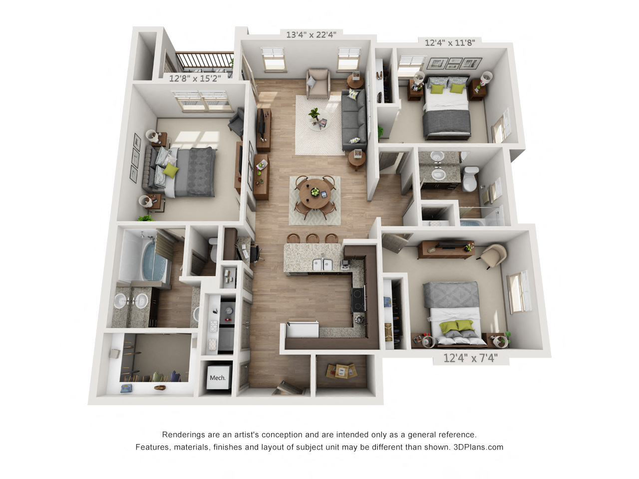 Floor plan for 3 beds, 2 baths, 1356 sqft